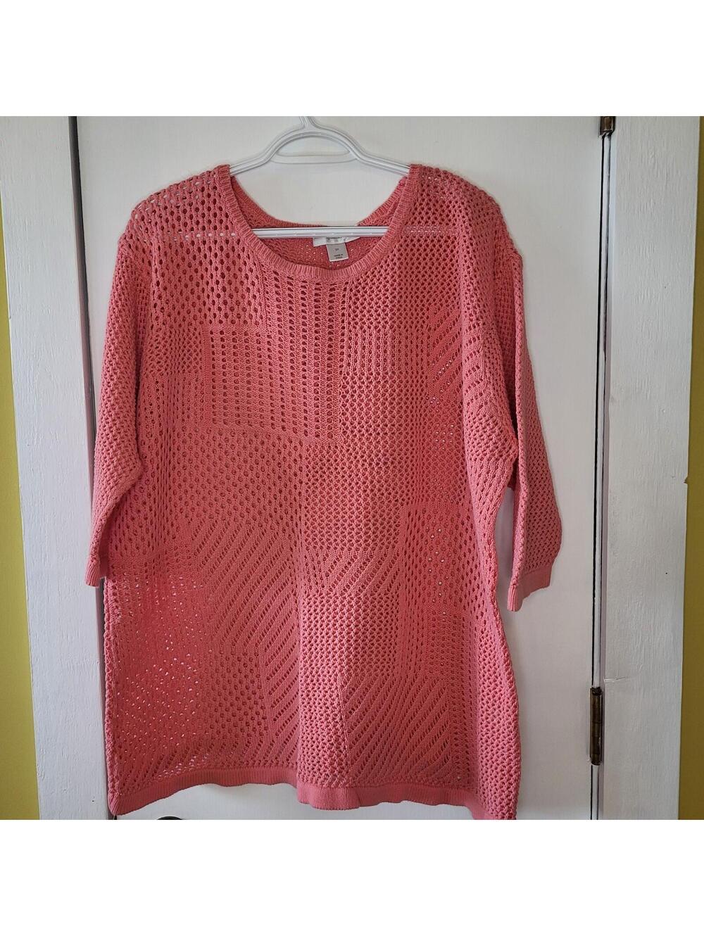 CJ Banks Women's peach open crochet knit sweater with 3/4 sleeves 2X